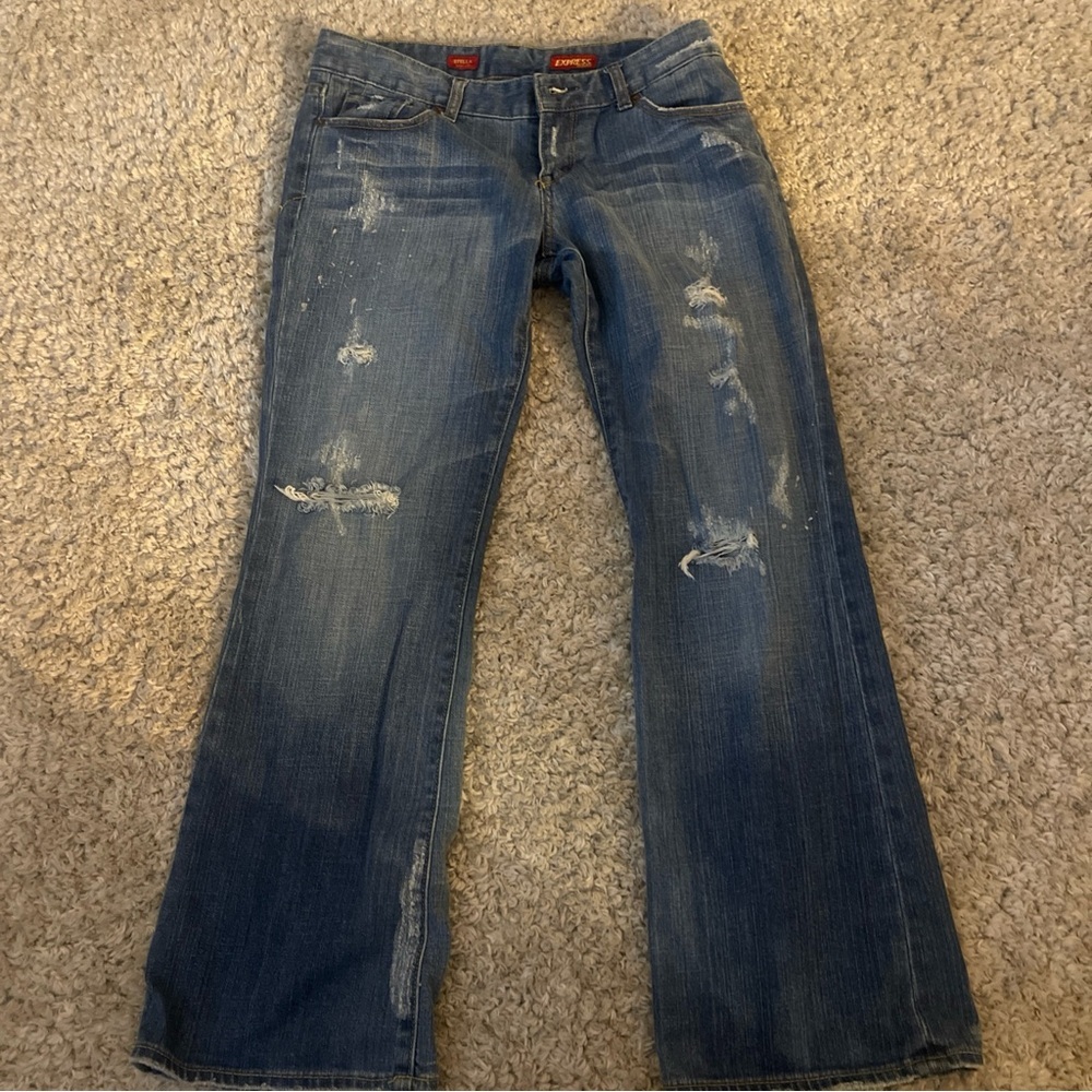 Express Low Rise Distressed Flare Jeans Size 8S Blue Denim Y2K